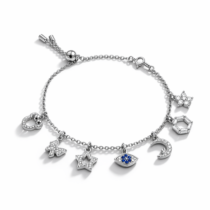 Silver Multi-Charm – Adjustable Star, Moon & Clover Charm Bracelet with Blue CZ Stones - Arshia Creations