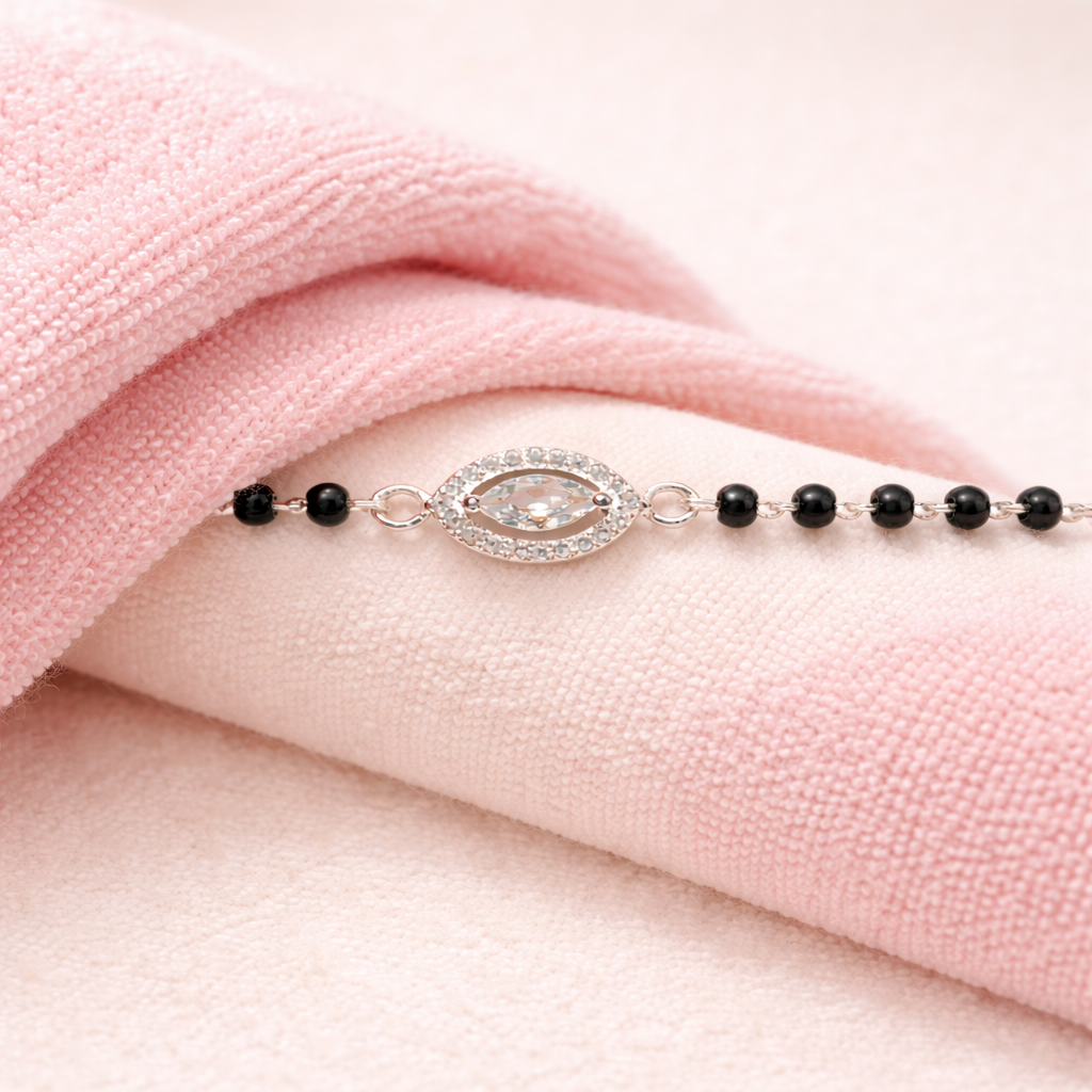 Sterling Silver Adjustable Mangalsutra Bracelet with CZ Stone | Black Beaded - Arshia Creations