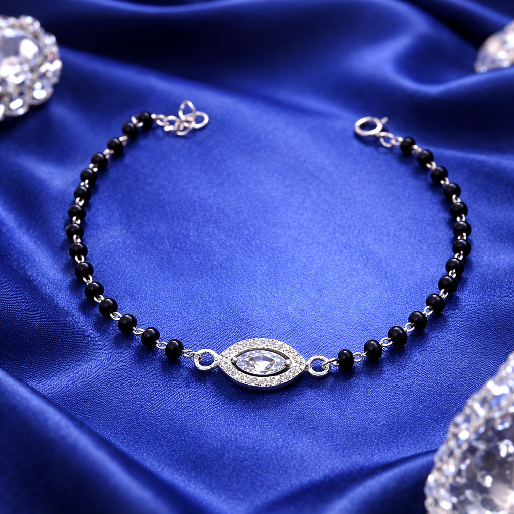 Sterling Silver Adjustable Mangalsutra Bracelet with CZ Stone | Black Beaded - Arshia Creations