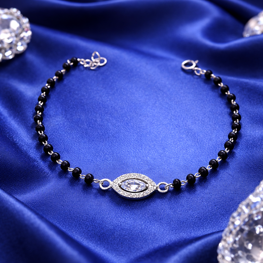 Sterling Silver Adjustable Mangalsutra Bracelet with CZ Stone | Black Beaded - Arshia Creations