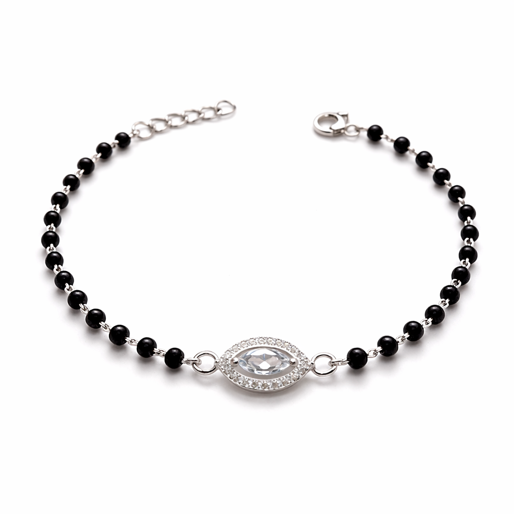 Sterling Silver Adjustable Mangalsutra Bracelet with CZ Stone | Black Beaded - Arshia Creations