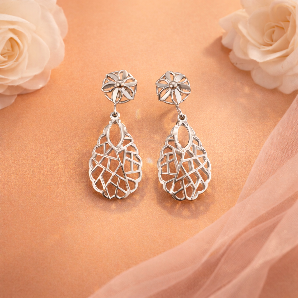 Sterling Silver Laser Cut Floral Dangle Earrings | Lightweight Silver Jewellery Gift for Women - Arshia Creations