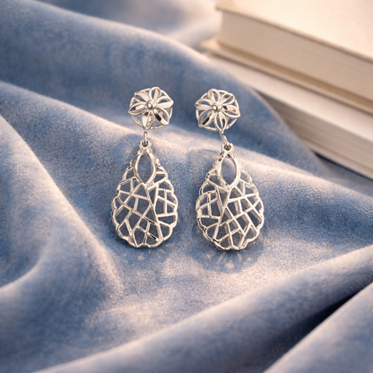 Sterling Silver Laser Cut Floral Dangle Earrings | Lightweight Silver Jewellery Gift for Women - Arshia Creations