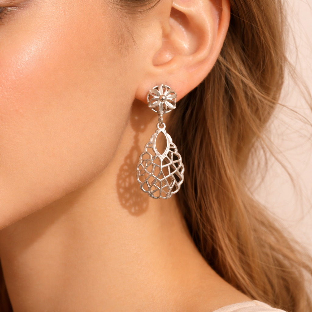 Sterling Silver Laser Cut Floral Dangle Earrings | Lightweight Silver Jewellery Gift for Women - Arshia Creations