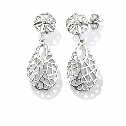 Sterling Silver Laser Cut Floral Dangle Earrings | Lightweight Silver Jewellery Gift for Women - Arshia Creations