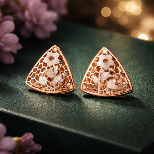 Sterling Silver Rose Gold Laser Cut Floral Earrings | Geometric Triangular Statement Studs for Women - Arshia Creations