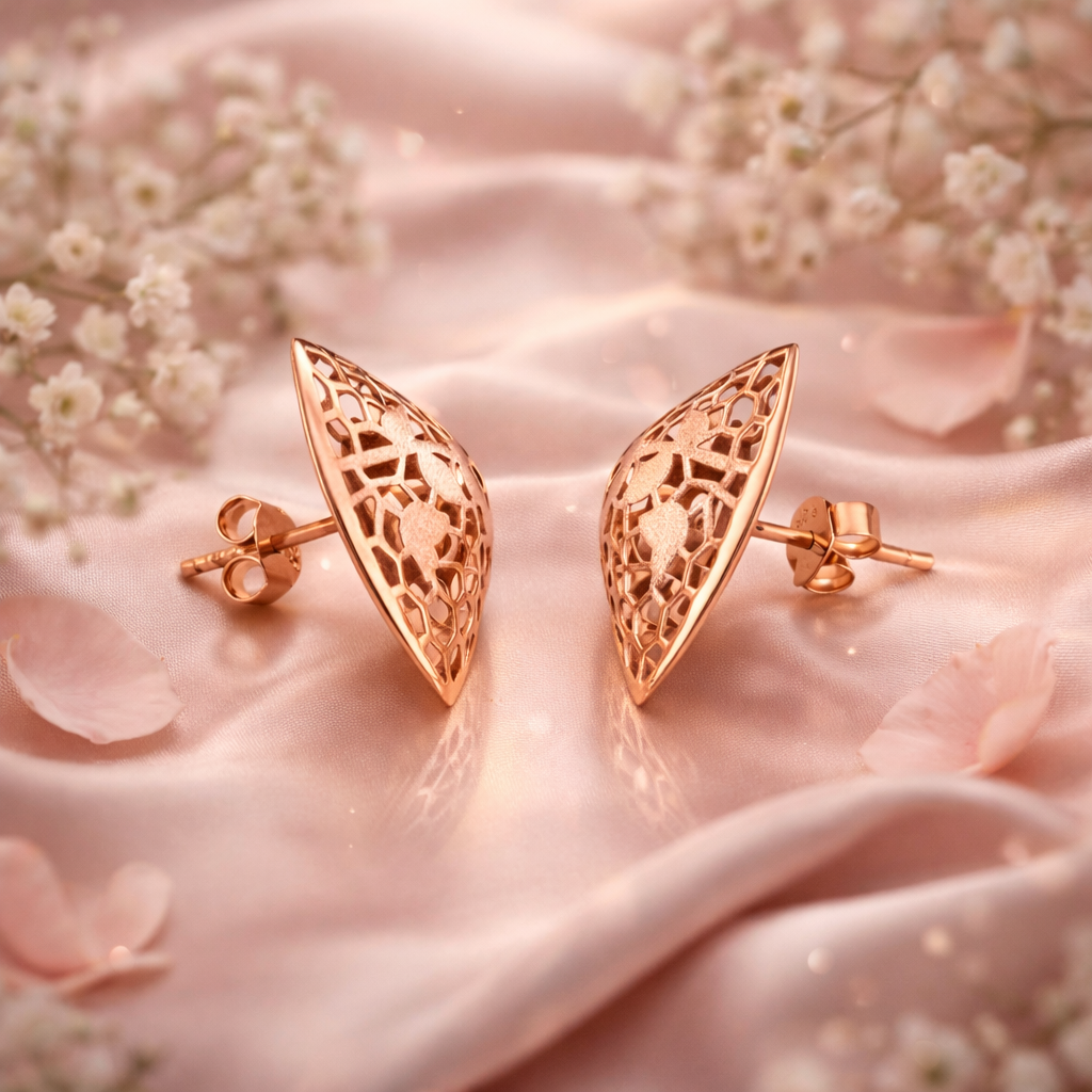Sterling Silver Rose Gold Laser Cut Floral Earrings | Geometric Triangular Statement Studs for Women - Arshia Creations