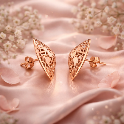 Sterling Silver Rose Gold Laser Cut Floral Earrings | Geometric Triangular Statement Studs for Women - Arshia Creations