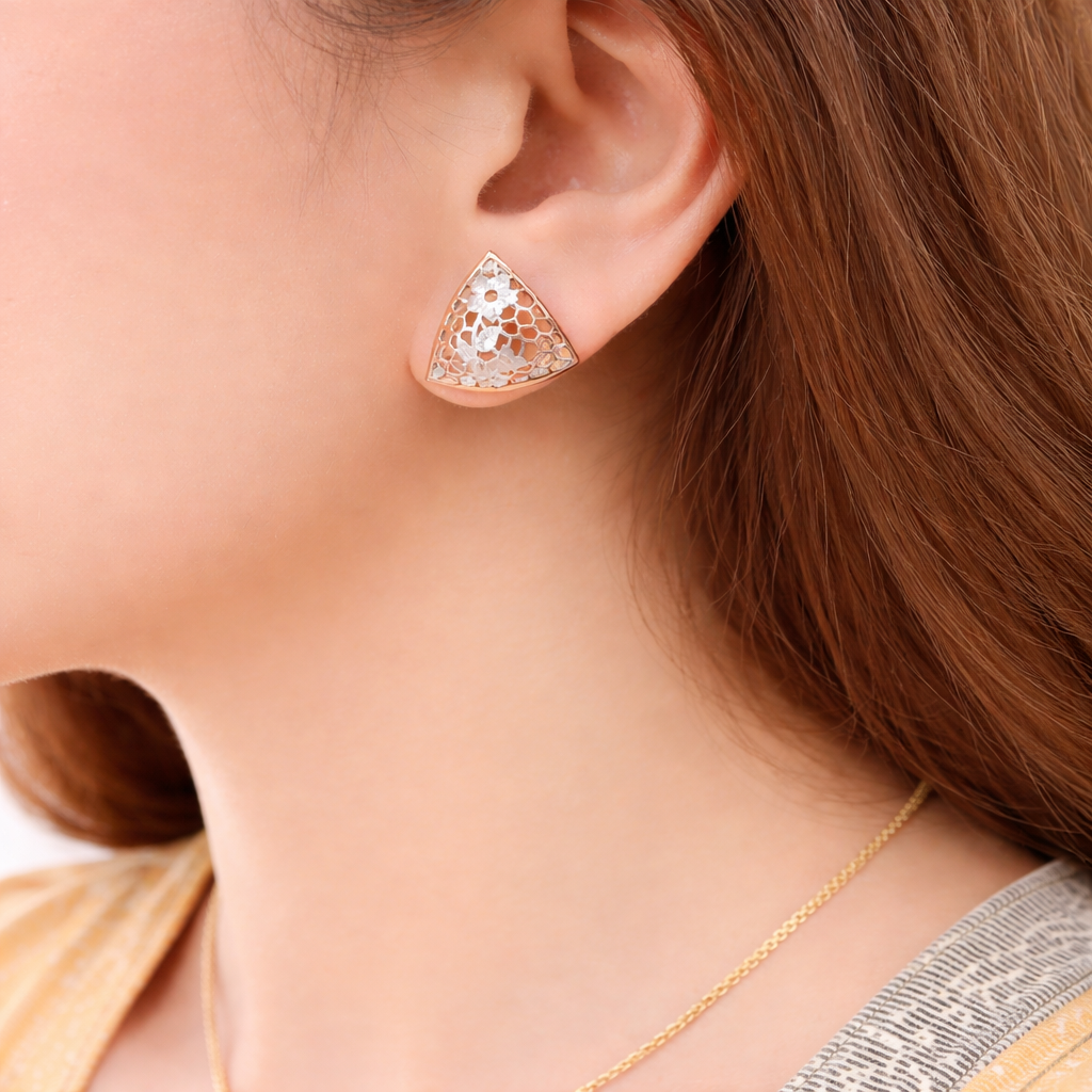 Sterling Silver Rose Gold Laser Cut Floral Earrings | Geometric Triangular Statement Studs for Women - Arshia Creations