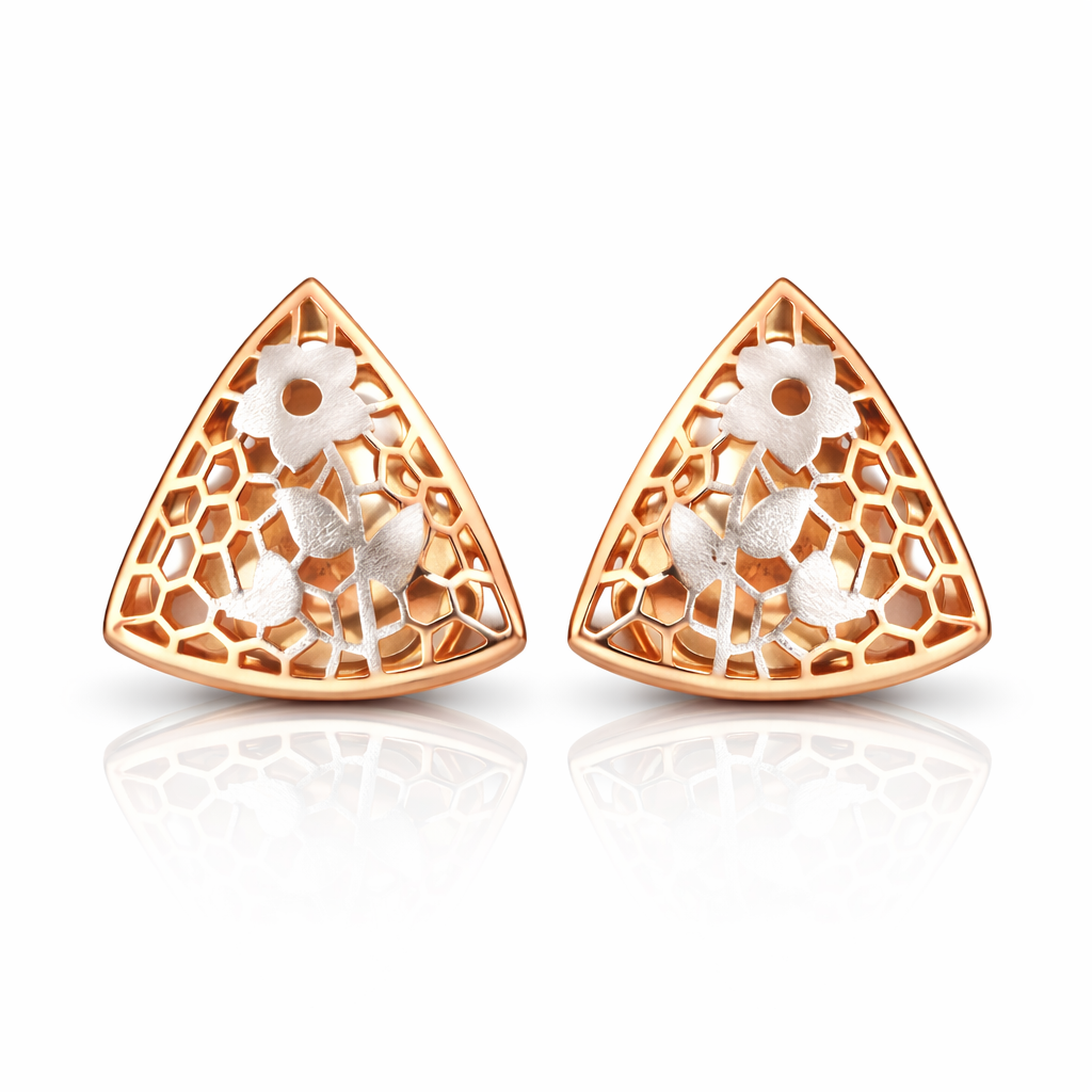 Sterling Silver Rose Gold Laser Cut Floral Earrings | Geometric Triangular Statement Studs for Women - Arshia Creations
