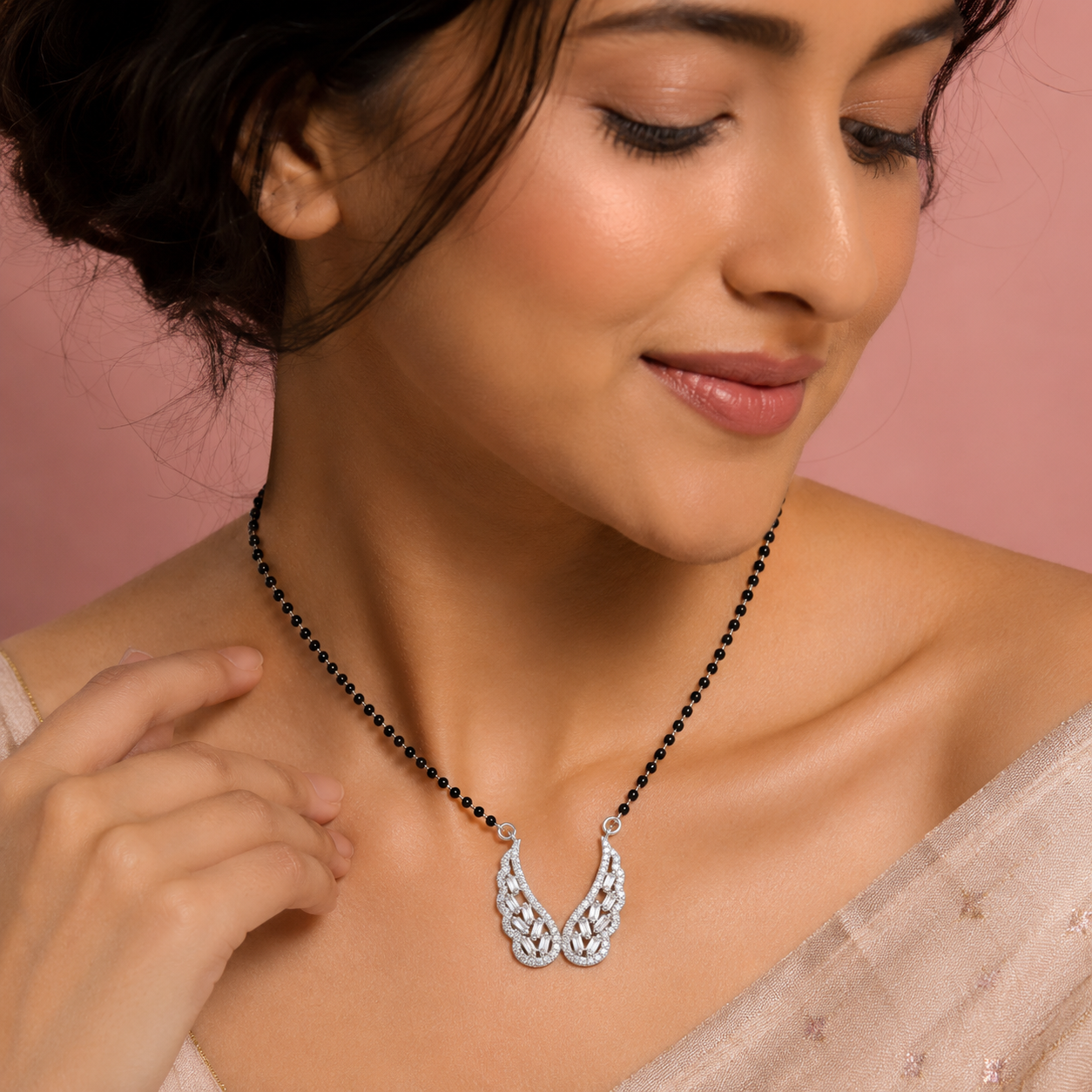 Sterling Silver Angel Wings Mangalsutra Necklace with Cubic Zirconia