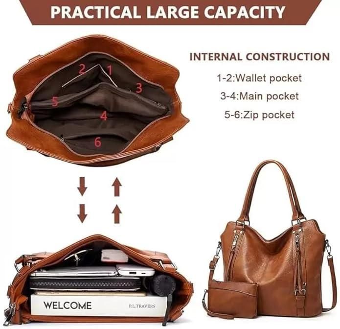 Tote Bags For Women PU Leather Hobo Bags for Women Purse Stylish 2 in 1 Handbags with Shoulder Strap Ladies Office Bag - Arshia Creations
