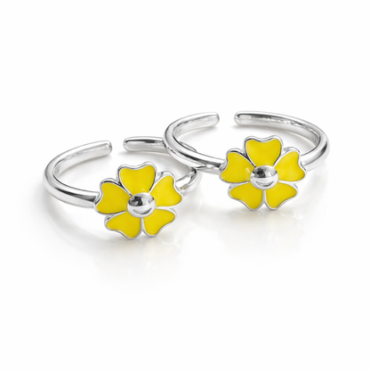 Yellow Floral Enamel Toe Rings for Women – Adjustable 925 Sterling Silver Daisy Flower Toe Ring Pair - Arshia Creations