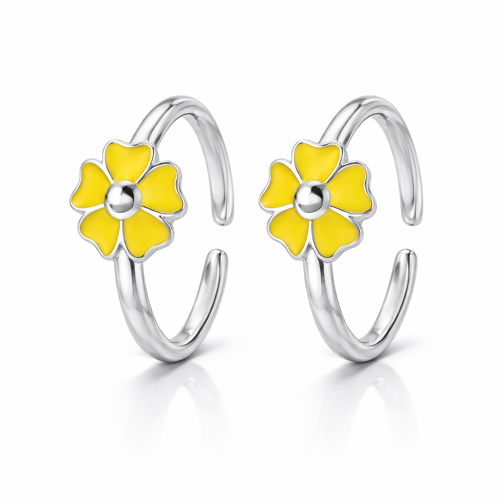 Yellow Floral Enamel Toe Rings for Women – Adjustable 925 Sterling Silver Daisy Flower Toe Ring Pair - Arshia Creations