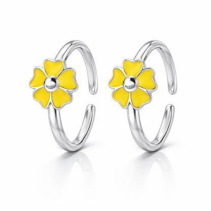 Yellow Floral Enamel Toe Rings for Women – Adjustable 925 Sterling Silver Daisy Flower Toe Ring Pair - Arshia Creations