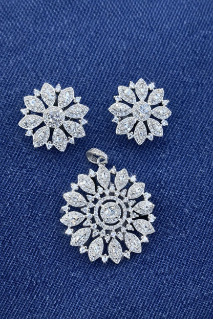 Rhodium Plated Silver Floral CZ Pendant Set with Earrings