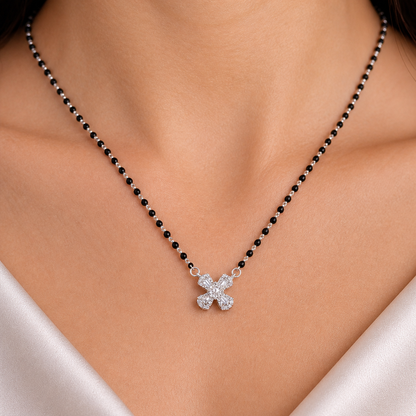 Elegant Cubic Zirconia Mangalsutra Necklace for Women | Silver Finish Floral Pendant with Black Beads