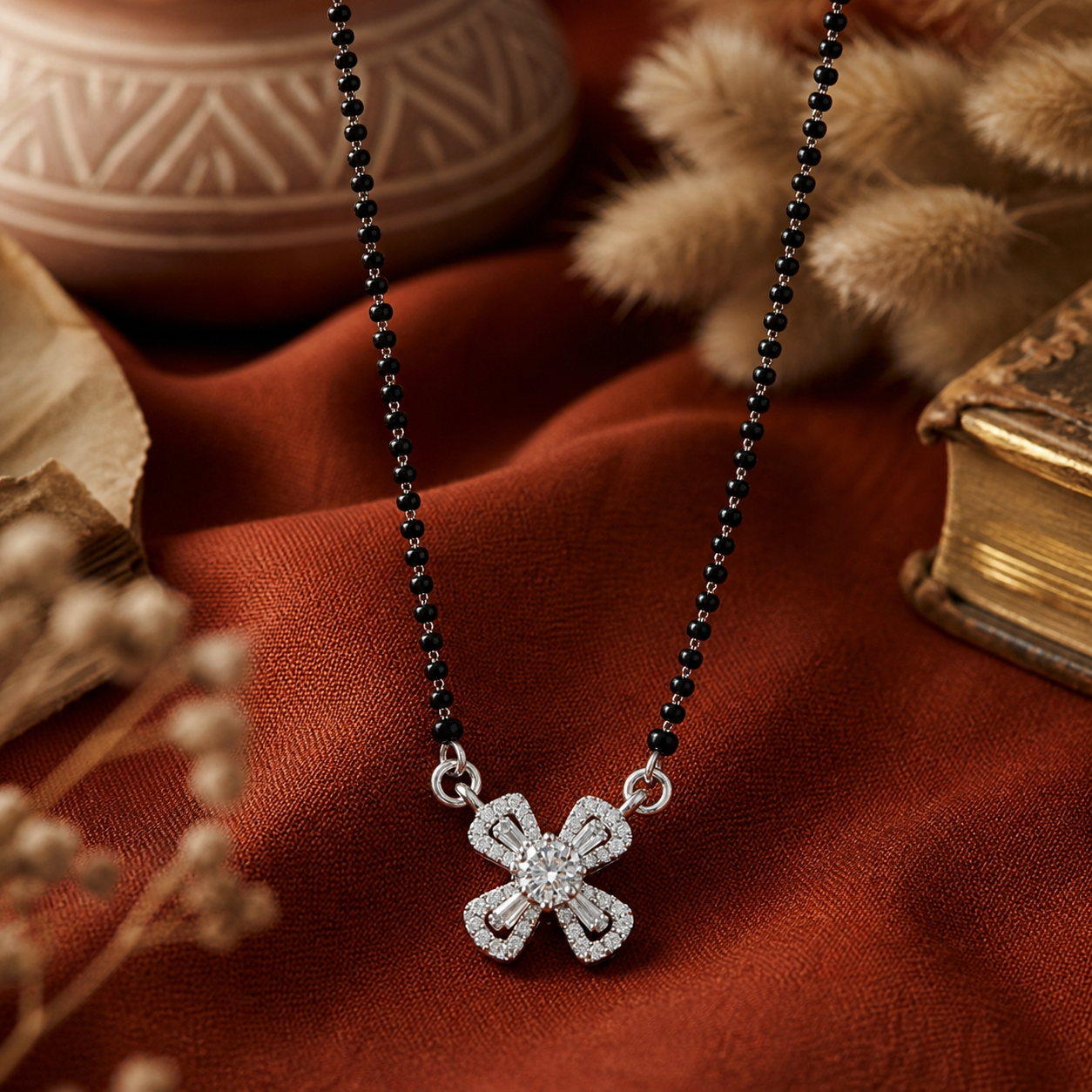 Elegant Cubic Zirconia Mangalsutra Necklace for Women | Silver Finish Floral Pendant with Black Beads