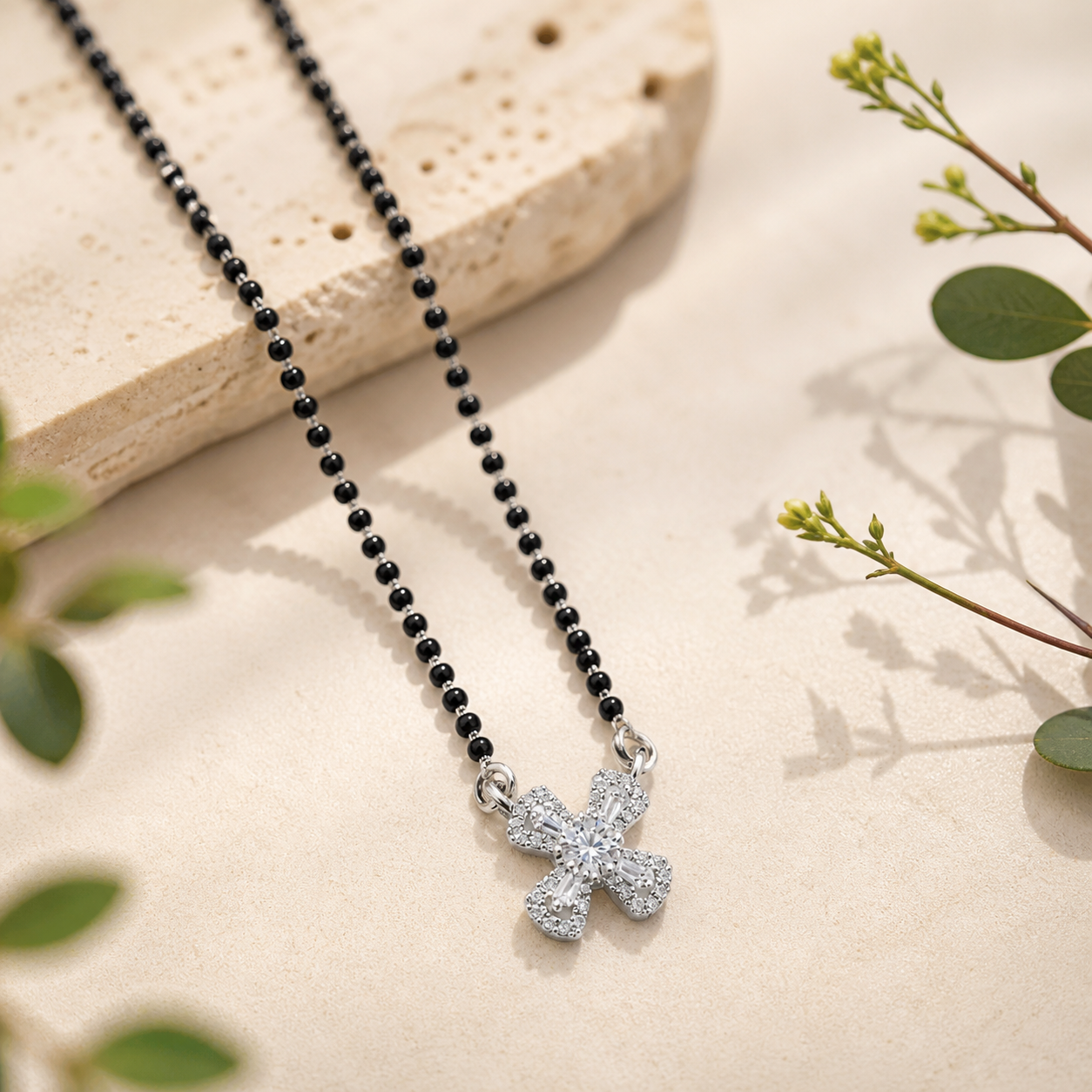 Elegant Cubic Zirconia Mangalsutra Necklace for Women | Silver Finish Floral Pendant with Black Beads