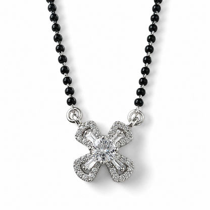 Elegant Cubic Zirconia Mangalsutra Necklace for Women | Silver Finish Floral Pendant with Black Beads