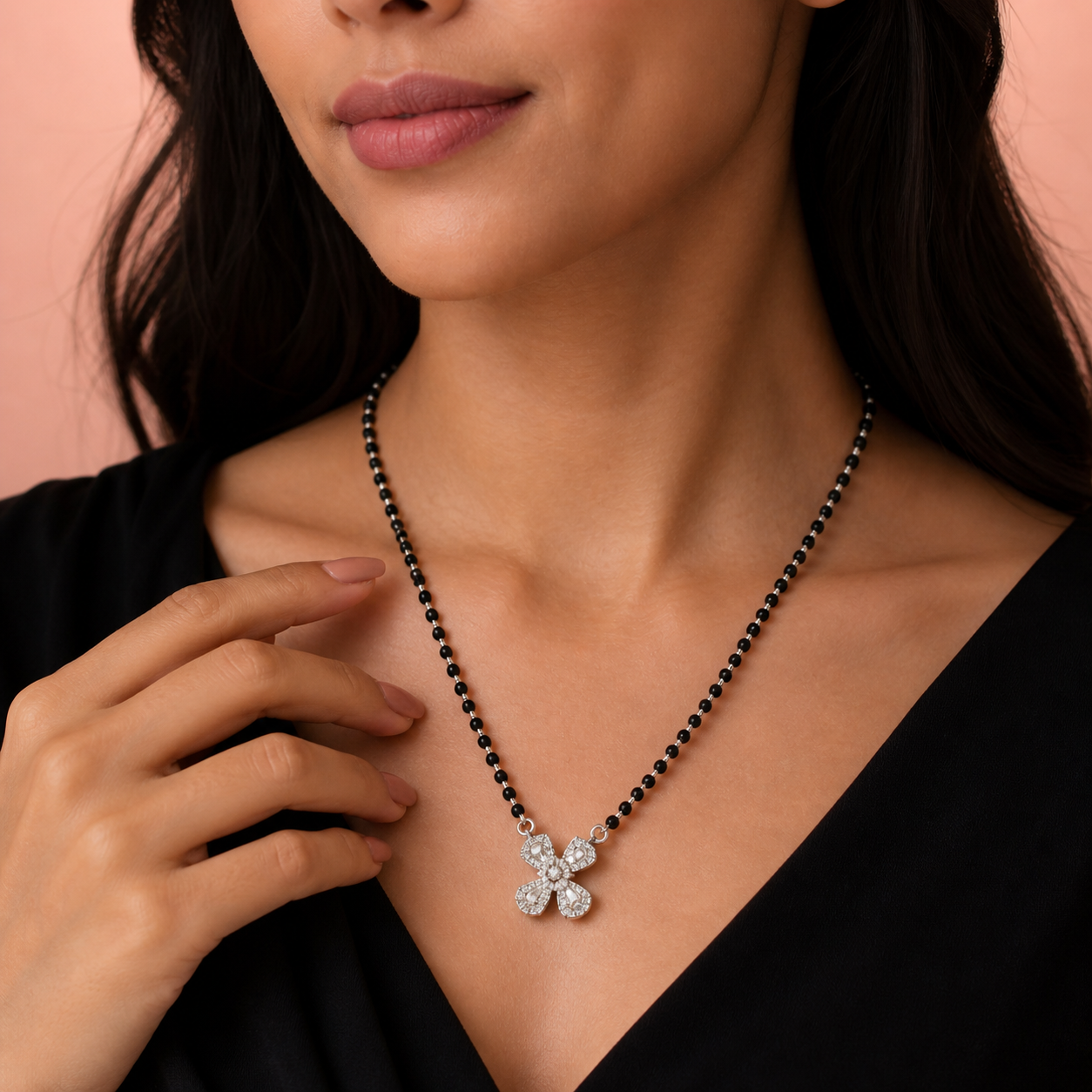 Elegant Cubic Zirconia Mangalsutra Necklace for Women | Silver Finish Floral Pendant with Black Beads