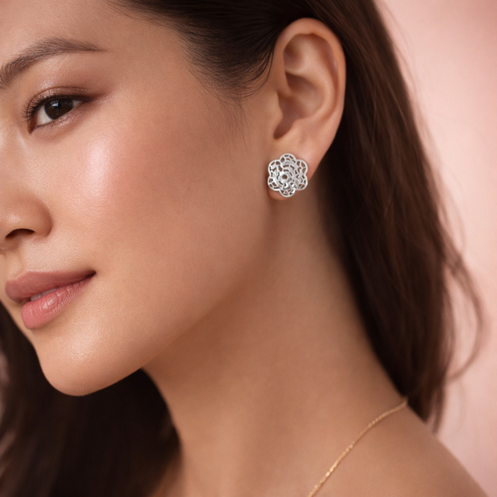 Elegant Laser Cut Sterling Silver Floral Stud Earrings for Women