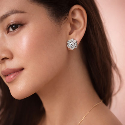 Elegant Laser Cut Sterling Silver Floral Stud Earrings for Women