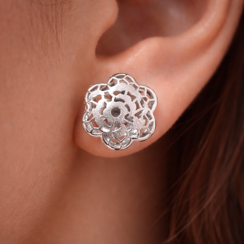 Elegant Laser Cut Sterling Silver Floral Stud Earrings for Women