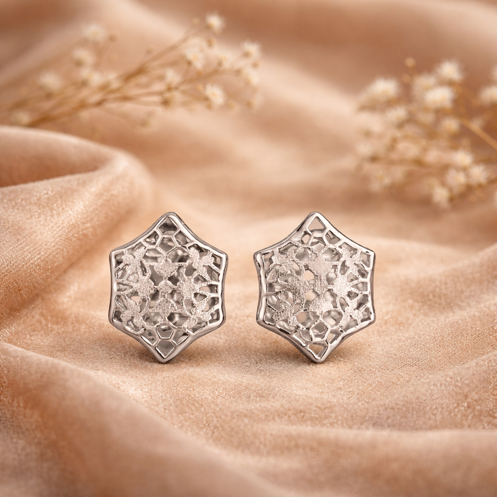 Elegant Laser Cut Sterling Silver Stud Earrings – Geometric Floral Design