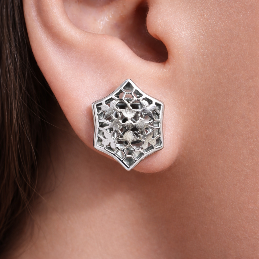 Elegant Laser Cut Sterling Silver Stud Earrings – Geometric Floral Design