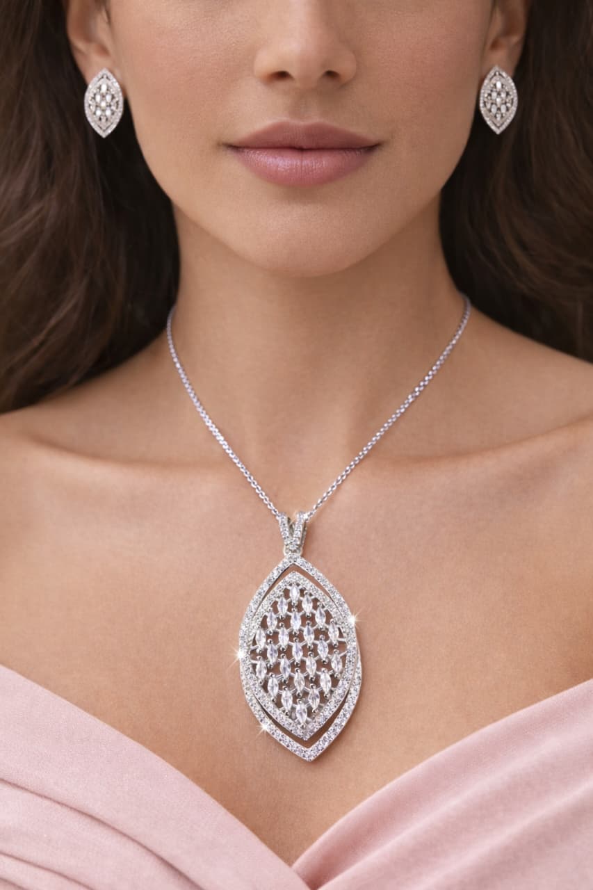 Elegant Silver Finish Leaf Design Pendant & Earrings Set with CZ Stones