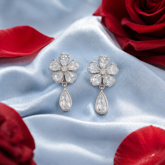 Floral Crystal Drop Earrings for Women | Elegant Gold Tone Flower Dangle Earrings | Statement Wedding Party Jewelry