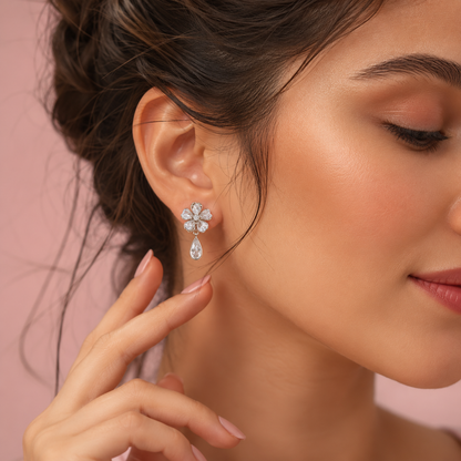 Floral Crystal Drop Earrings for Women | Elegant Gold Tone Flower Dangle Earrings | Statement Wedding Party Jewelry