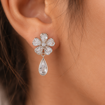 Floral Crystal Drop Earrings for Women | Elegant Gold Tone Flower Dangle Earrings | Statement Wedding Party Jewelry