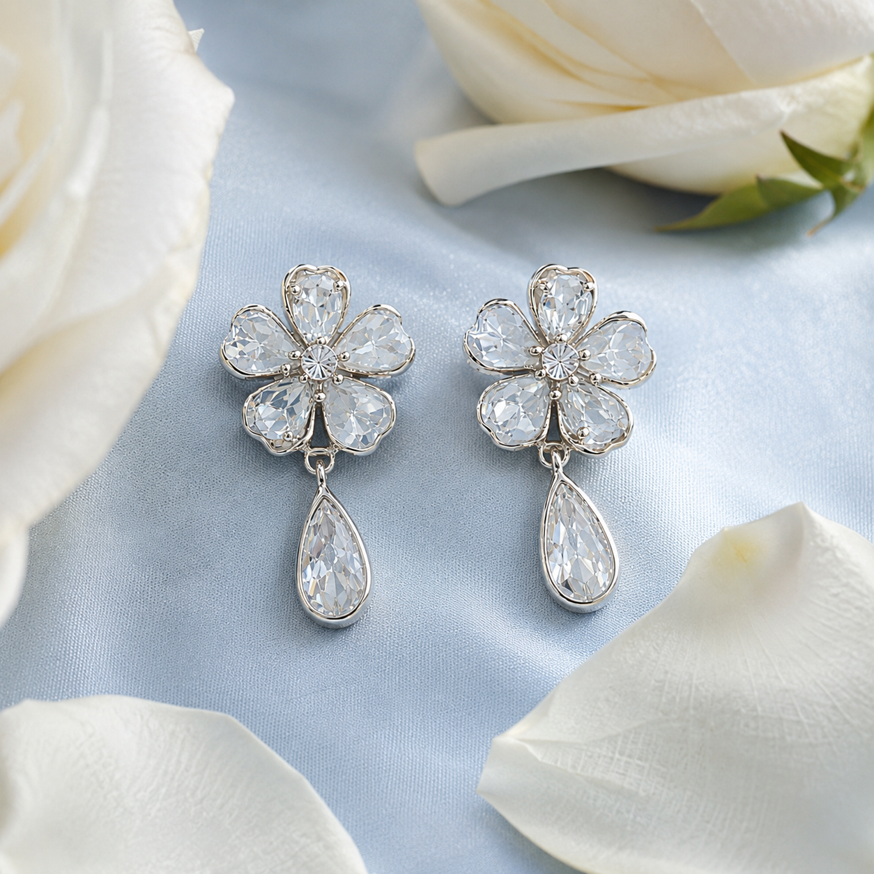 Floral Crystal Drop Earrings for Women | Elegant Gold Tone Flower Dangle Earrings | Statement Wedding Party Jewelry
