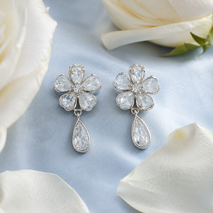 Floral Crystal Drop Earrings for Women | Elegant Gold Tone Flower Dangle Earrings | Statement Wedding Party Jewelry