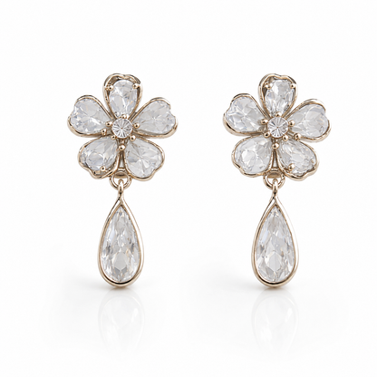 Floral Crystal Drop Earrings for Women | Elegant Gold Tone Flower Dangle Earrings | Statement Wedding Party Jewelry