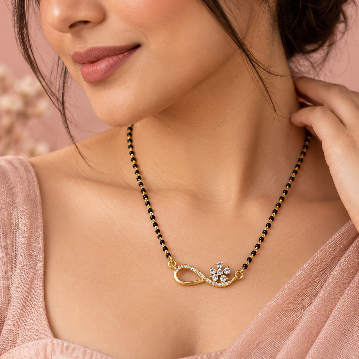 Gold Plated Sterling Silver Mangalsutra Necklace Floral CZ Infinity Pendant