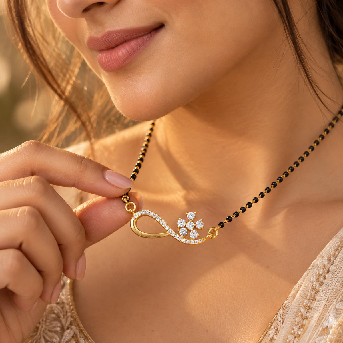 Gold Plated Sterling Silver Mangalsutra Necklace Floral CZ Infinity Pendant