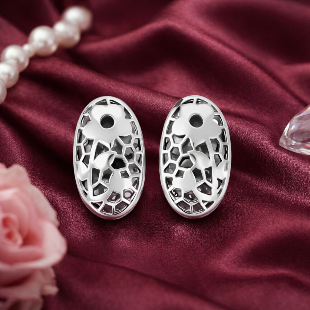 Laser Cut Sterling Silver Oval Stud Earrings | Floral Geometric Design