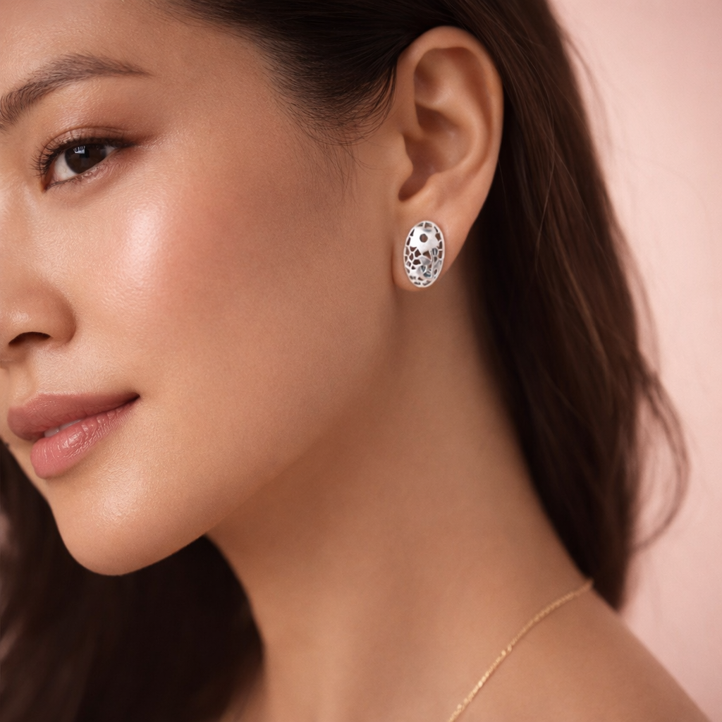 Laser Cut Sterling Silver Oval Stud Earrings | Floral Geometric Design