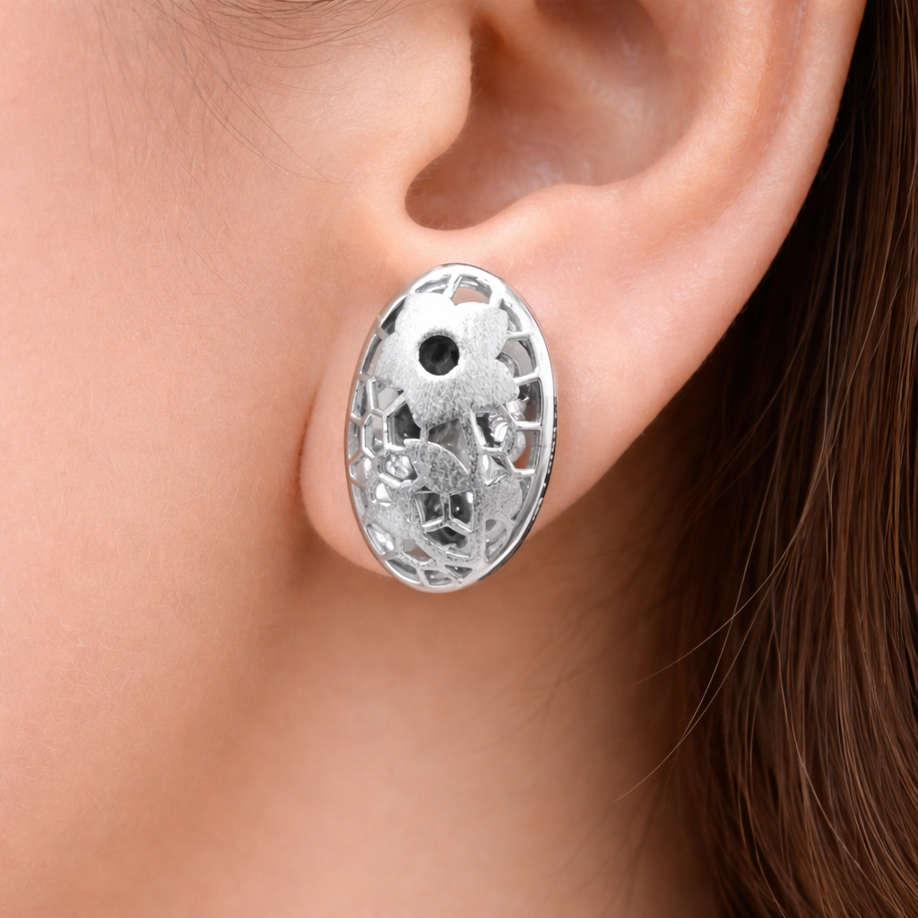 Laser Cut Sterling Silver Oval Stud Earrings | Floral Geometric Design