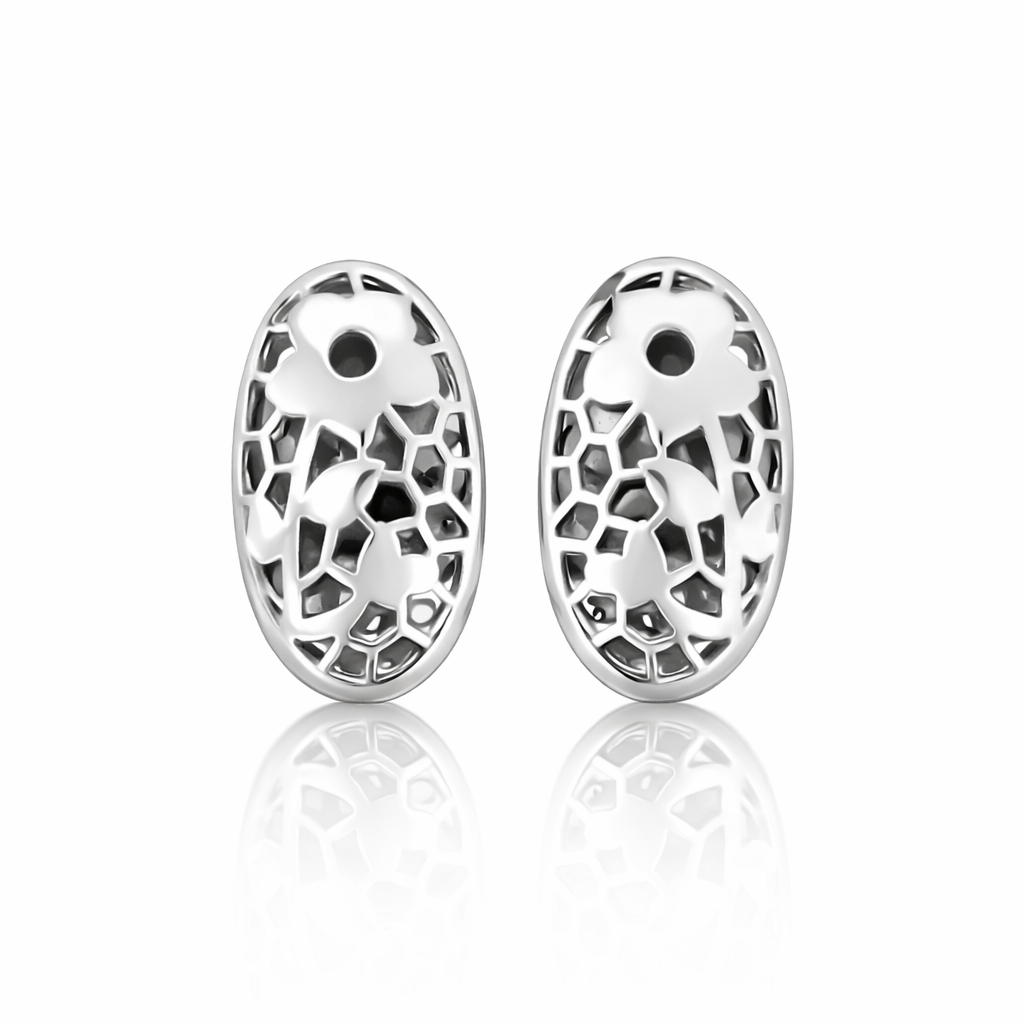 Laser Cut Sterling Silver Oval Stud Earrings | Floral Geometric Design