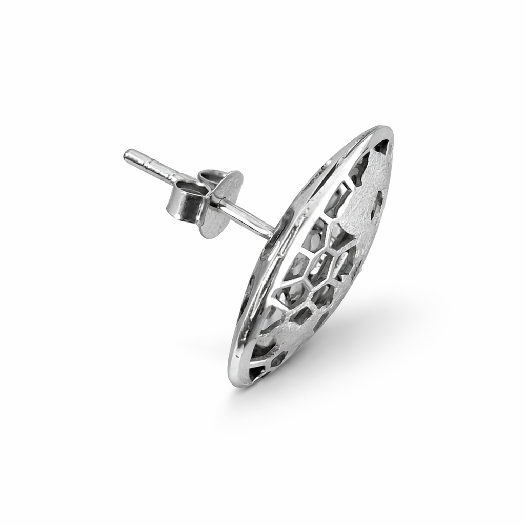 Laser Cut Sterling Silver Oval Stud Earrings | Floral Geometric Design