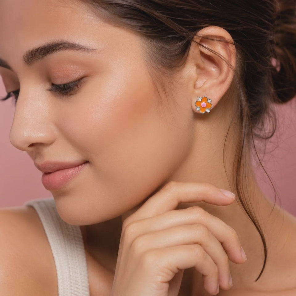 925 Sterling Silver Orange Daisy Flower Stud Earrings for Women | Enamel Floral Earrings