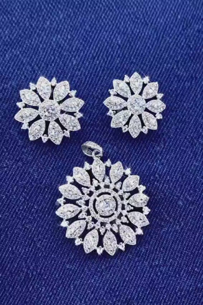 Rhodium Plated Silver Floral CZ Pendant Set with Earrings