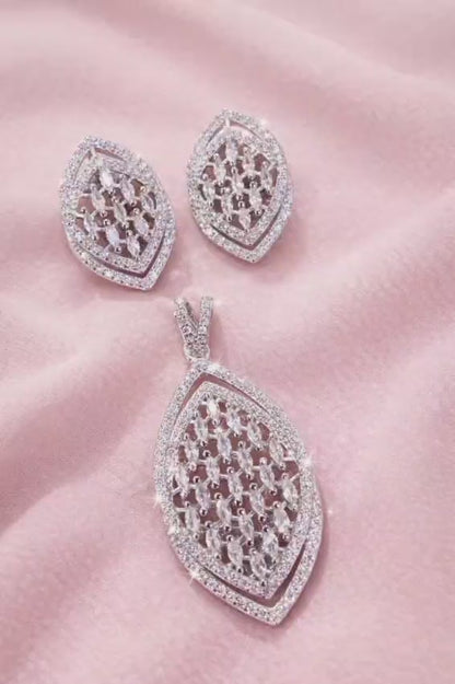 Elegant Silver Finish Leaf Design Pendant & Earrings Set with CZ Stones