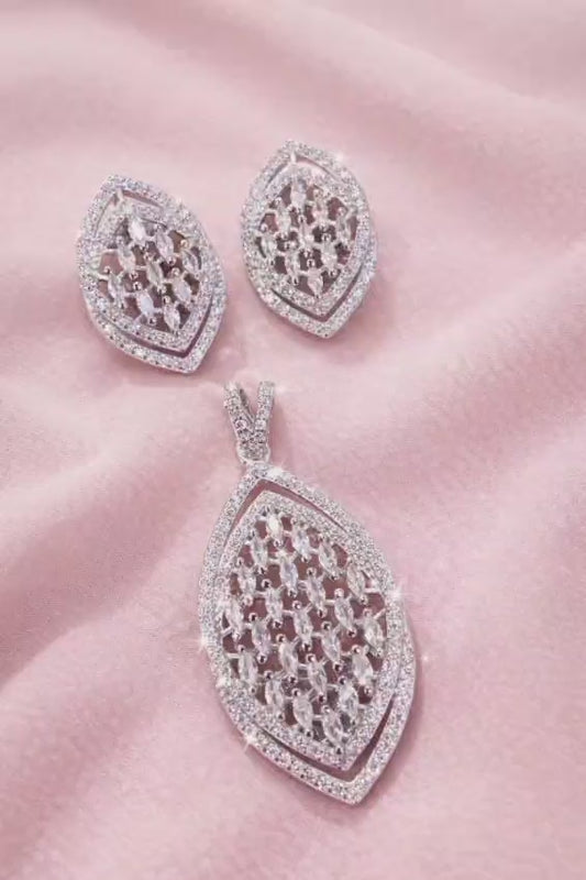 Elegant Silver Finish Leaf Design Pendant & Earrings Set with CZ Stones