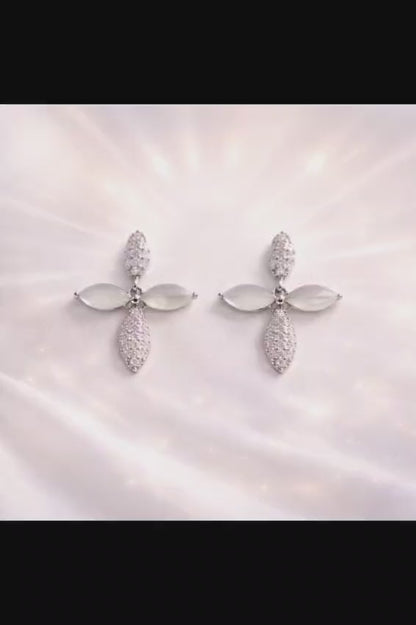 925 Sterling Silver Cross Floral Hanging Earrings with CZ Stone