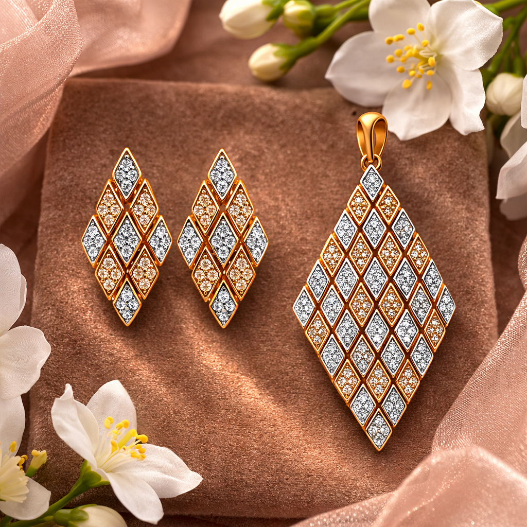 Diamond-shaped gold and diamond earrings on a brown fabric background with white flowers.